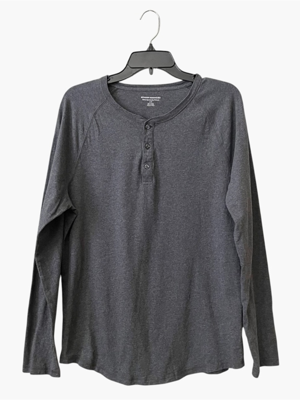 Amazon Essentials Henley Knit Top Mens Size L Slim Solid Gray Cotton Long Sleeve